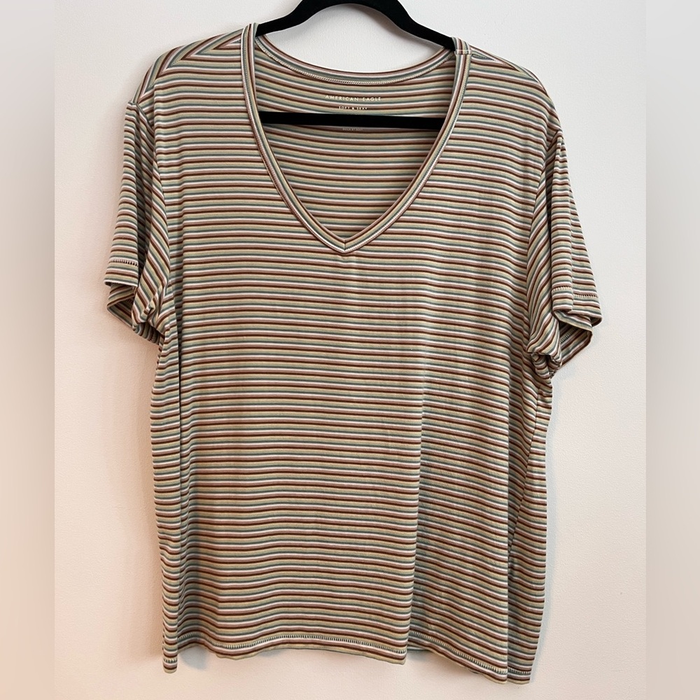 American Eagle Soft & Sexy Green and Brown Striped V-Neck Tee